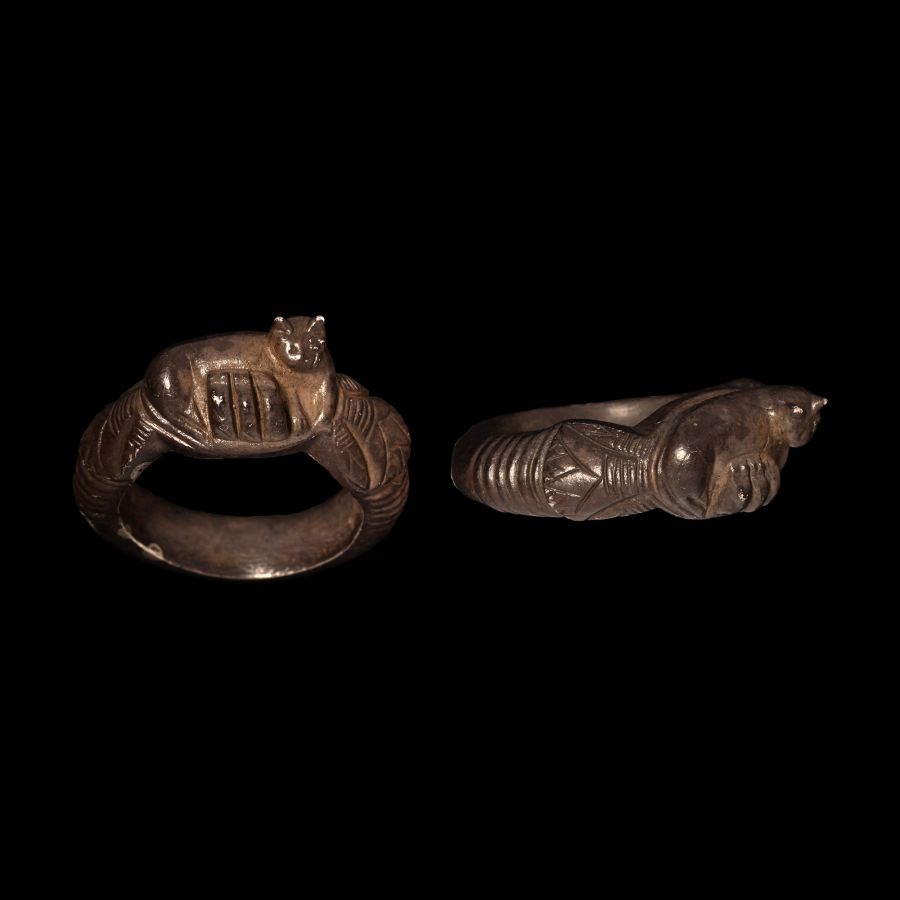 Romano-Egyptian Silver Ring with Bastet and Kittens