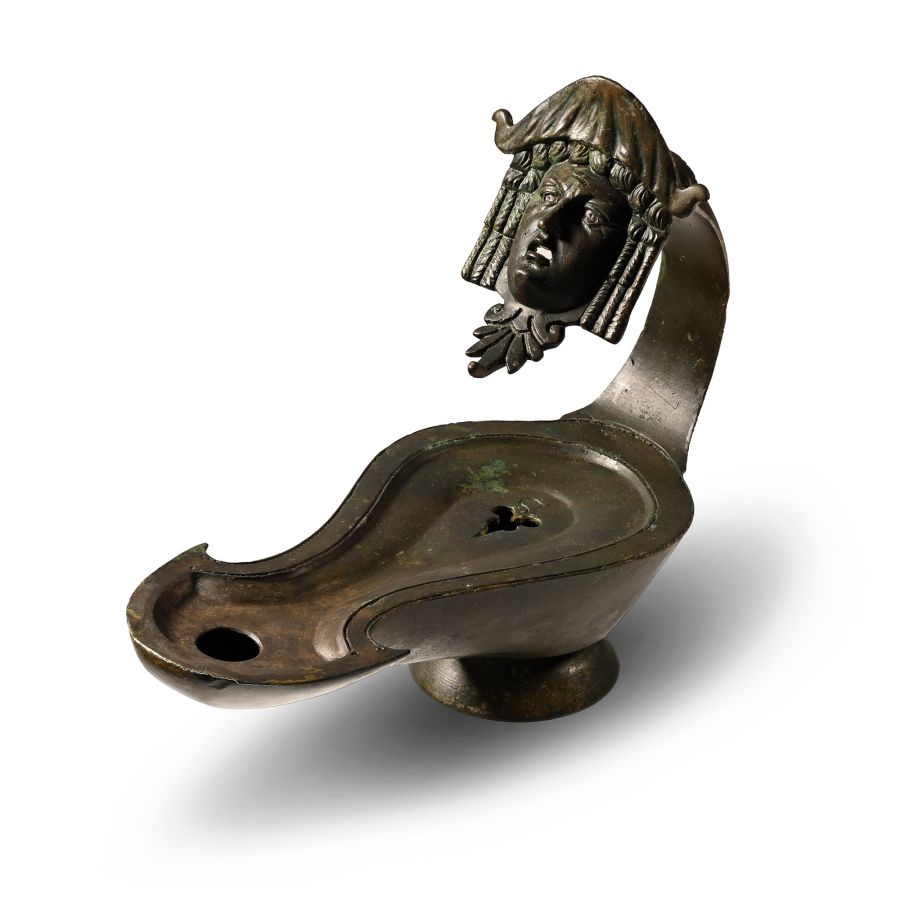 Very Large Roman Bronze Oil Lamp with Actor's Mask