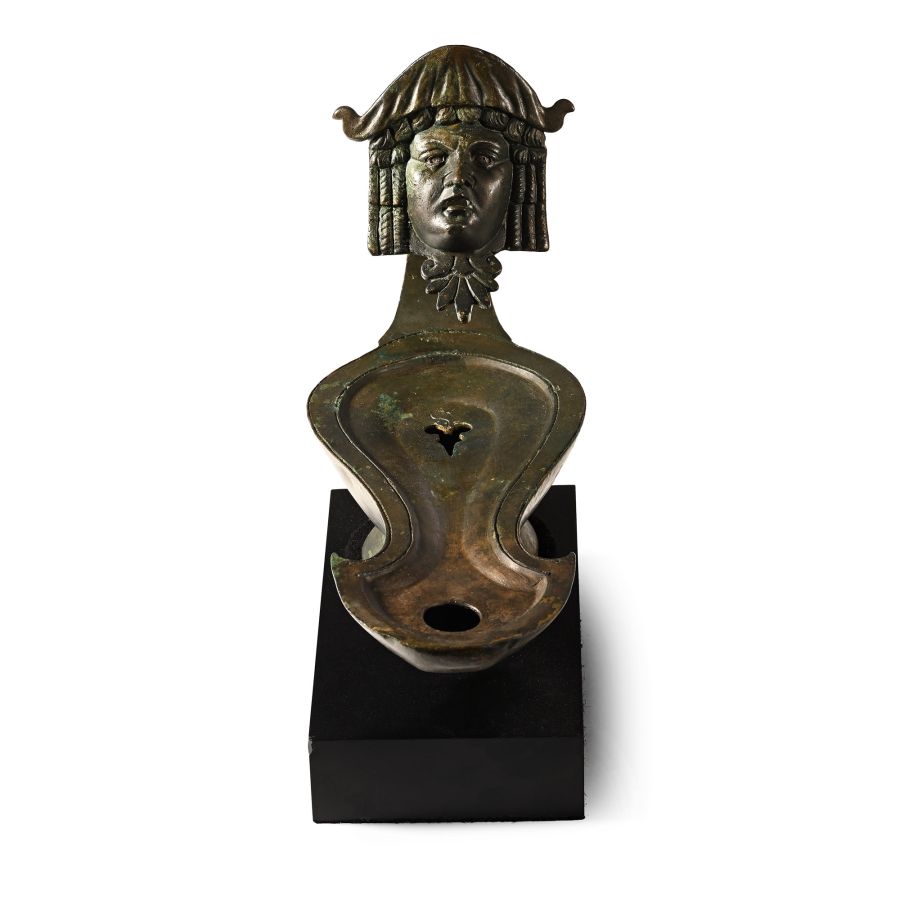 Very Large Roman Bronze Oil Lamp with Actor's Mask