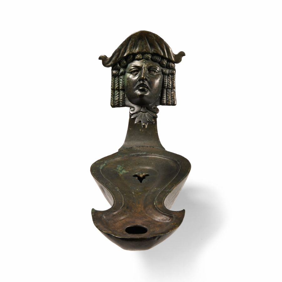 Very Large Roman Bronze Oil Lamp with Actor's Mask