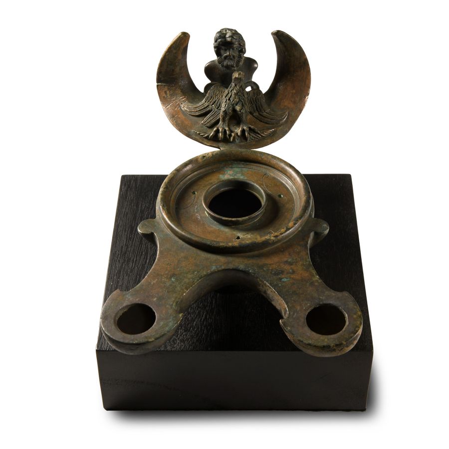 Very Large Roman Bronze Oil Lamp with Jupiter and Eagle
