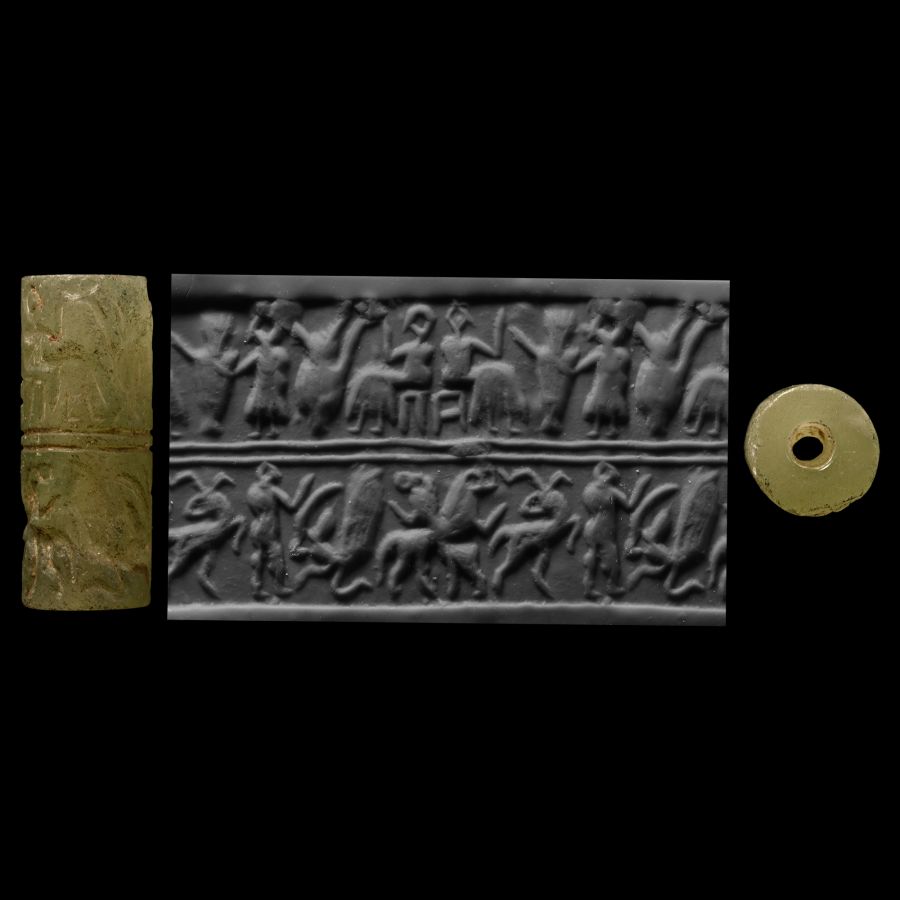 Mesopotamian Cylinder Seal with Drinking and Animal Combat Scenes