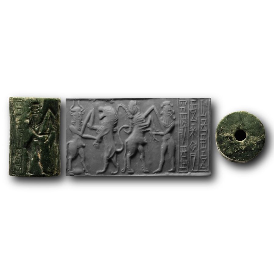Large Akkadian Inscribed Cylinder Seal with Contest Scenes