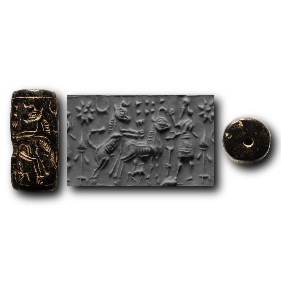 Mesopotamian Cylinder Seal with Figure and Horses