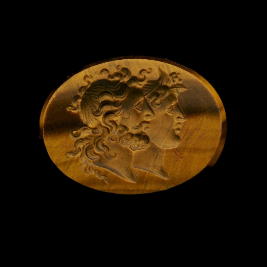 Neoclassical Tiger's Eye Gemstone with Classical Jugate Busts