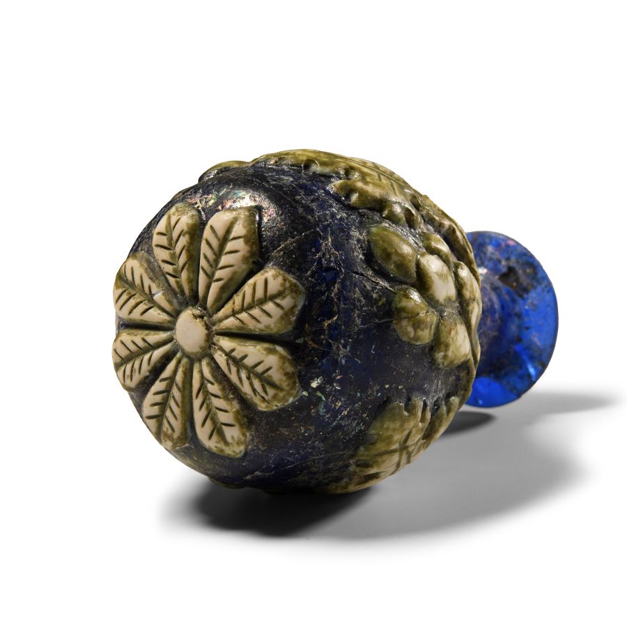 Roman Blue Glass Vessel with Vine Leaf Design
