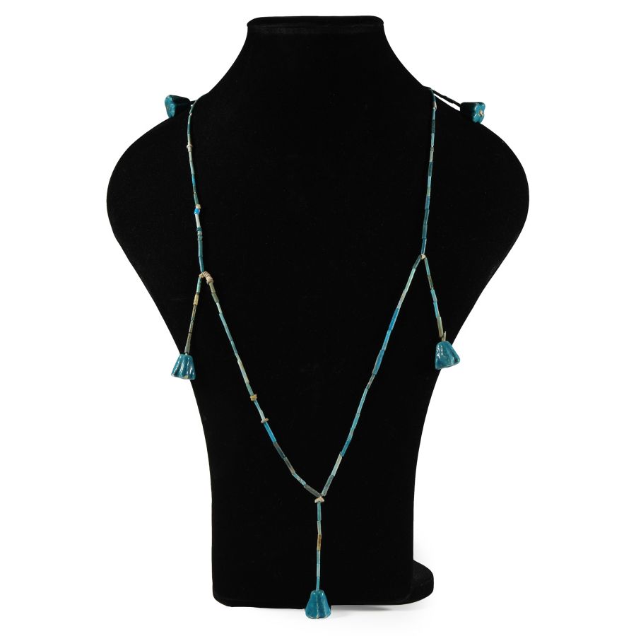 Egyptian Faience Mummy Bead Necklace with Papyrus Flower Amulets