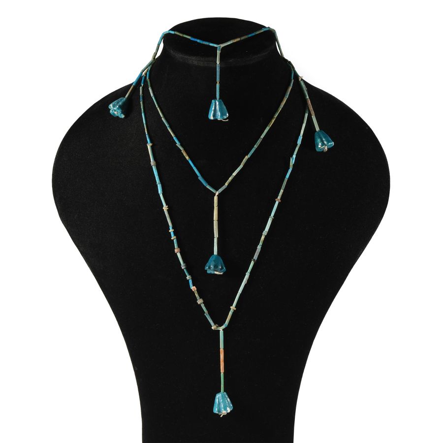 Egyptian Faience Mummy Bead Necklace with Lotus Flower Amulets