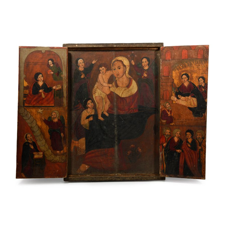 Large Ethiopian Triptych Icon with the Virgin and Child