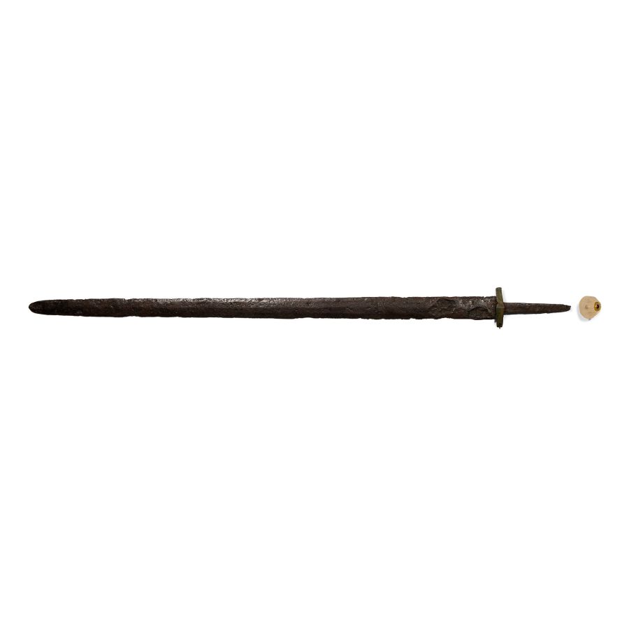 Migration Period Iron Sword with Rock Crystal, Gold and Garnet Sword Bead