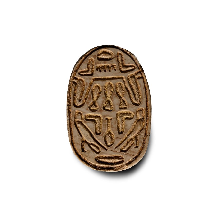 Egyptian White Stone Scarab with Uraei and Falcons