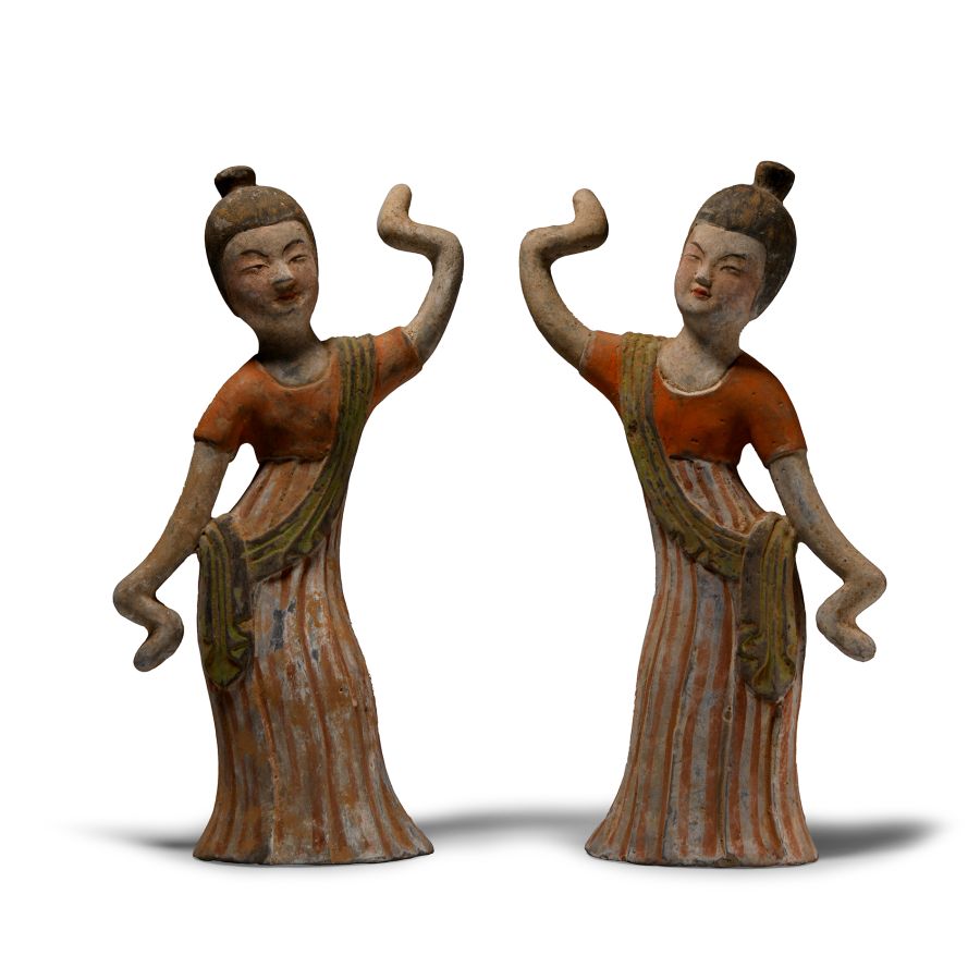 Chinese Tang Painted Dancing Ladies Pair