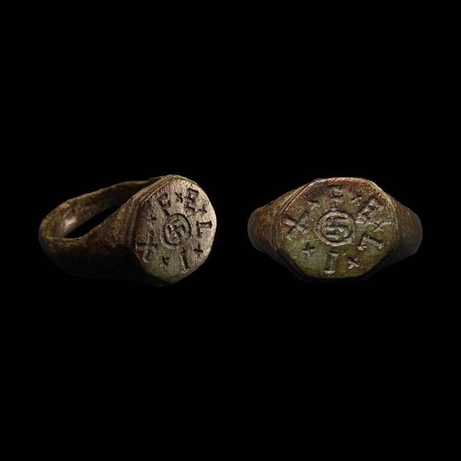Roman Bronze Ring with FELIX and Gammadion