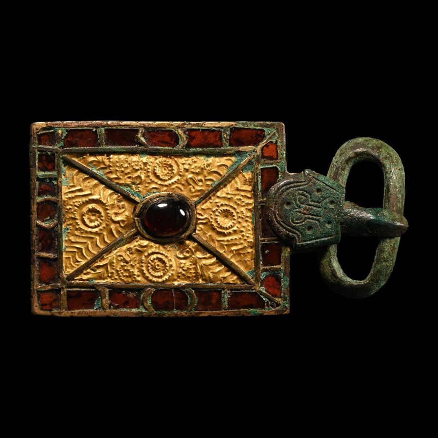 Merovingian Bronze Belt Buckle with Gold and Garnet Inlays