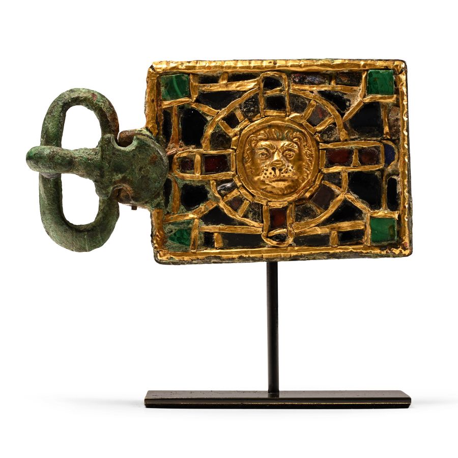Visigothic Bronze Belt Buckle with Gold and Garnet Inlays
