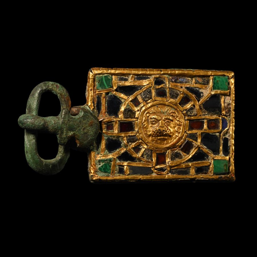 Visigothic Bronze Belt Buckle with Gold and Garnet Inlays