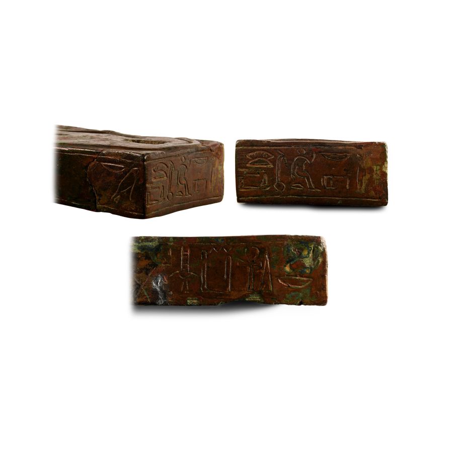 Egyptian Bronze Base with Ibex and Hieroglyphs
