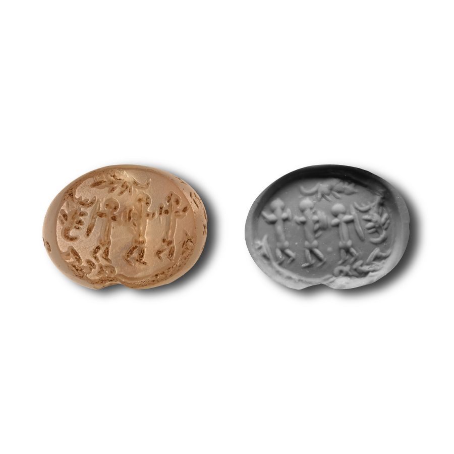 Sassanian Chalcedony Magic Seal with Three Figures and Inscription
