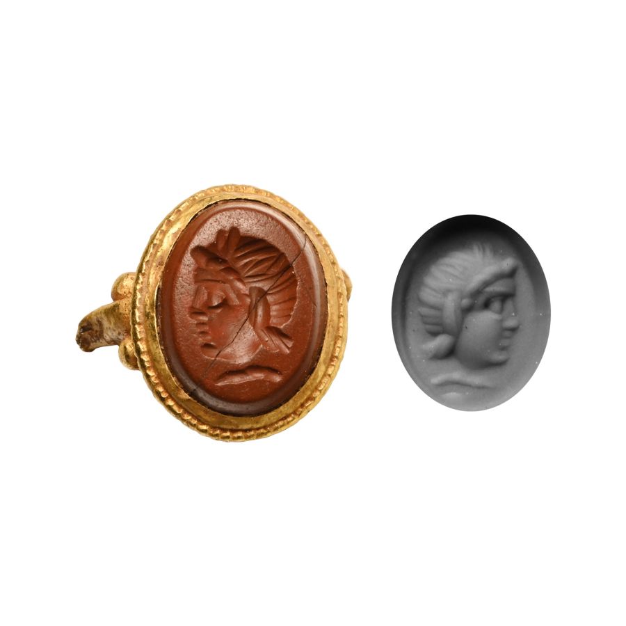 Roman Jasper Gemstone with Head of Pan in Gold Ring Bezel