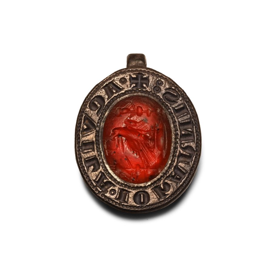 Medieval Silver Seal Matrix for John the Evangelist with Roman Eagle Gemstone