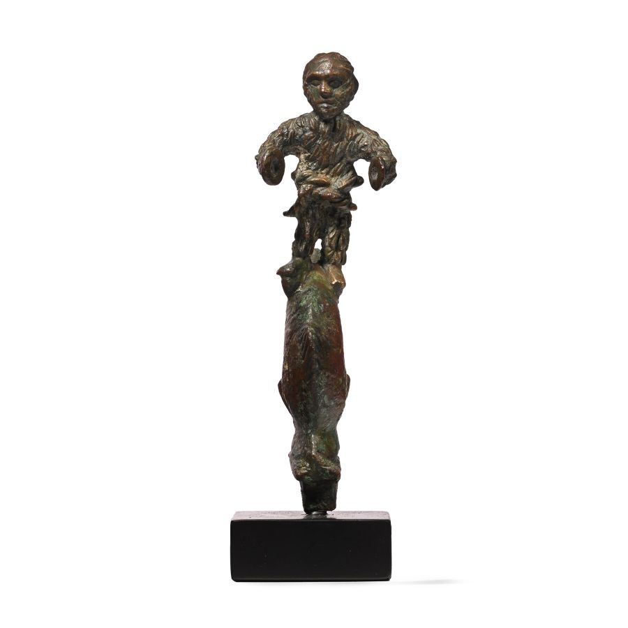 Roman Bronze Grotesque Silenus on Dolphin Handle