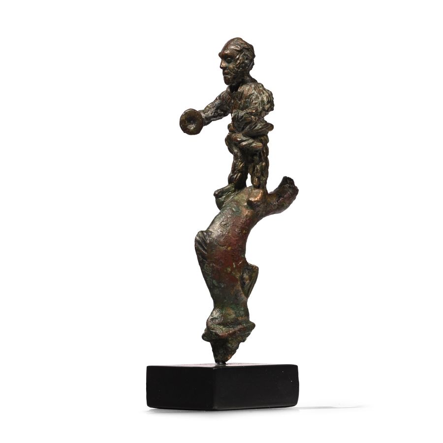 Roman Bronze Grotesque Silenus on Dolphin Handle