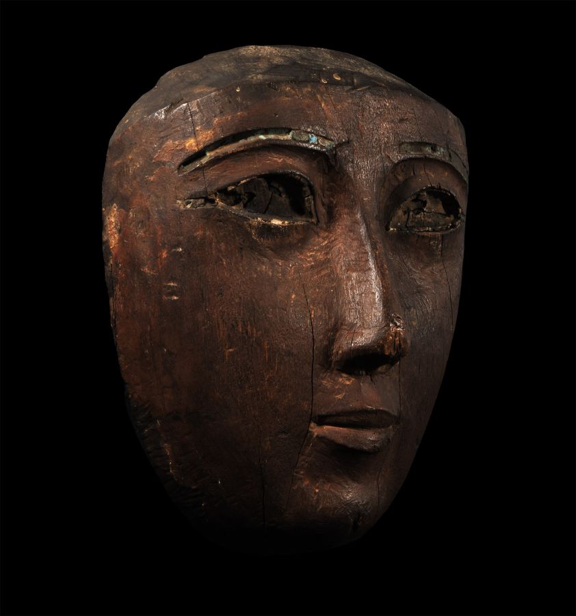 Egyptian Wooden Mummy Mask with Egyptian Blue Inlaid Eyebrows