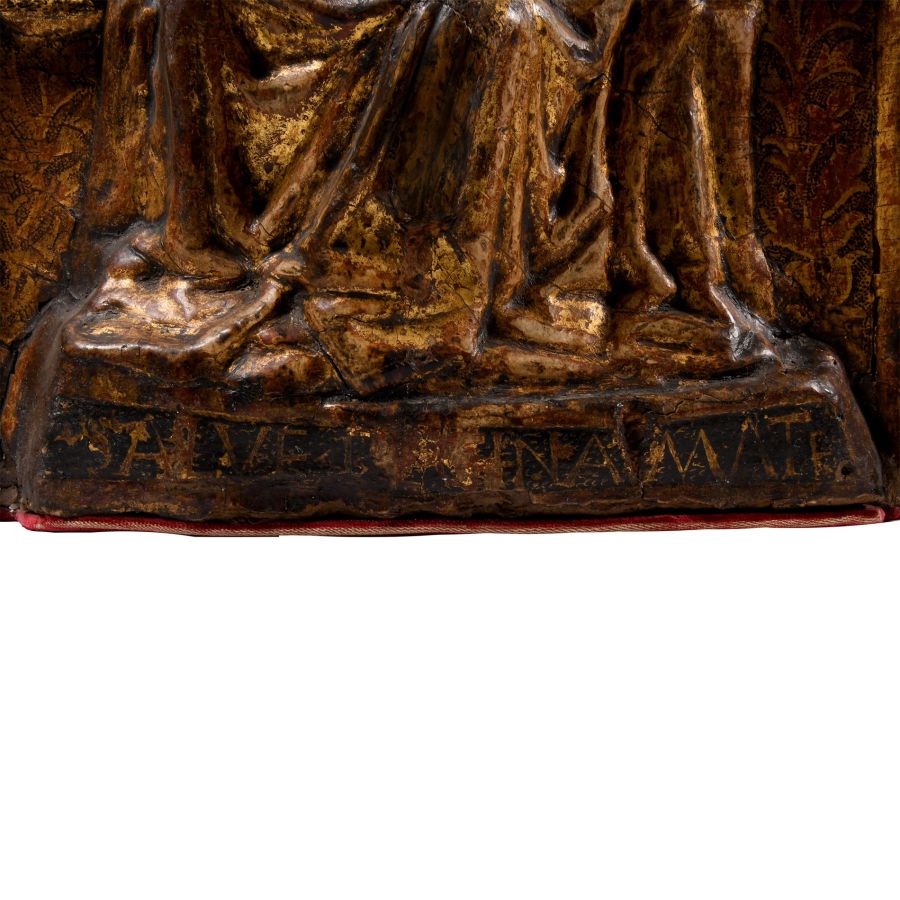 Medieval Gilt Wooden Relief with Enthroned Virgin and Child Surrounded by Angels
