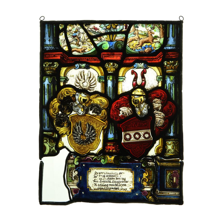Renaissance Stained Glass Panel with Enamelled Armorial Motifs