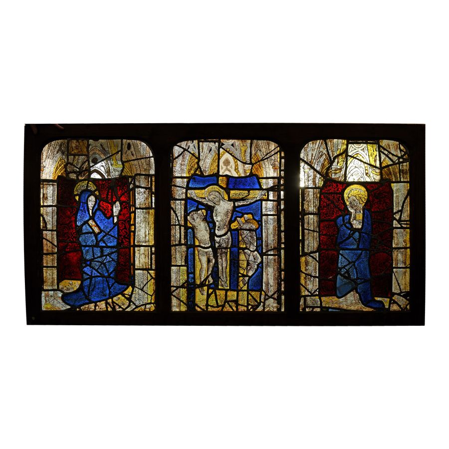 Very Large Medieval Stained Glass Crucifixion Triptych