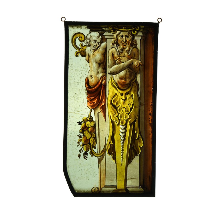 Renaissance Stained Glass Panel with Two Grotesque Caryatid Herms