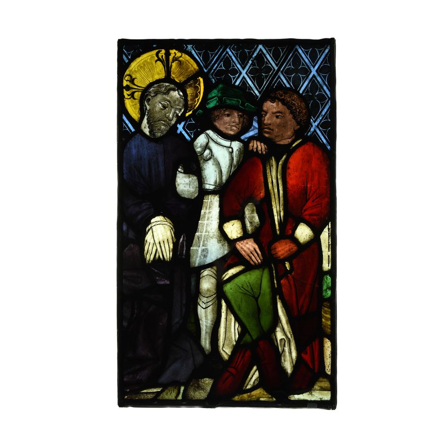 Medieval Stained Glass Panel with Christ before Pilate