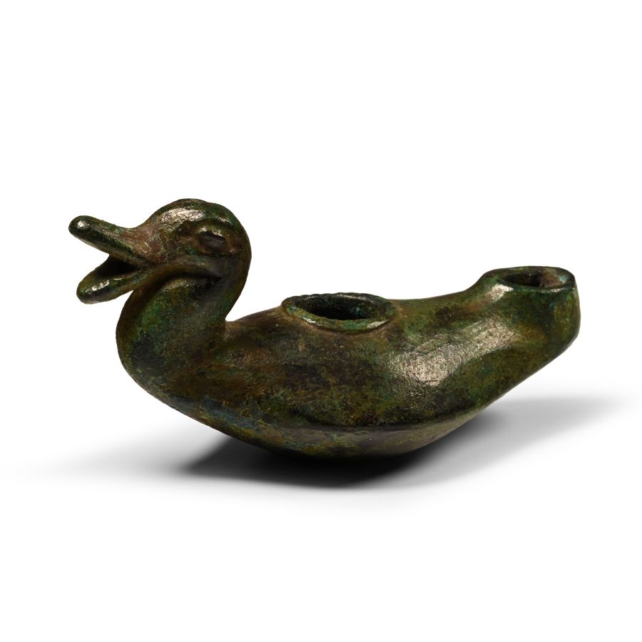 Late Roman Bronze Oil Lamp with Duck Head Handle