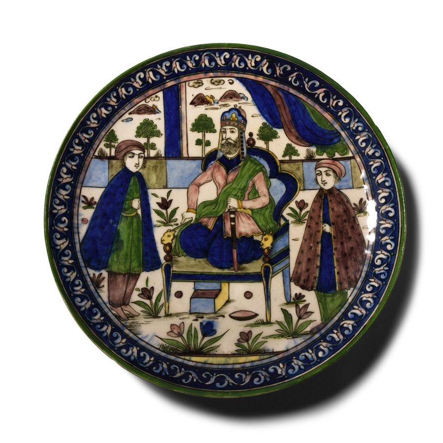Large Iranian Ceramic Plate with Enthroned Shah