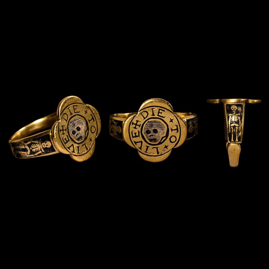 Post Medieval Enamelled Gold Memento Mori Ring with Skull and Skeletons