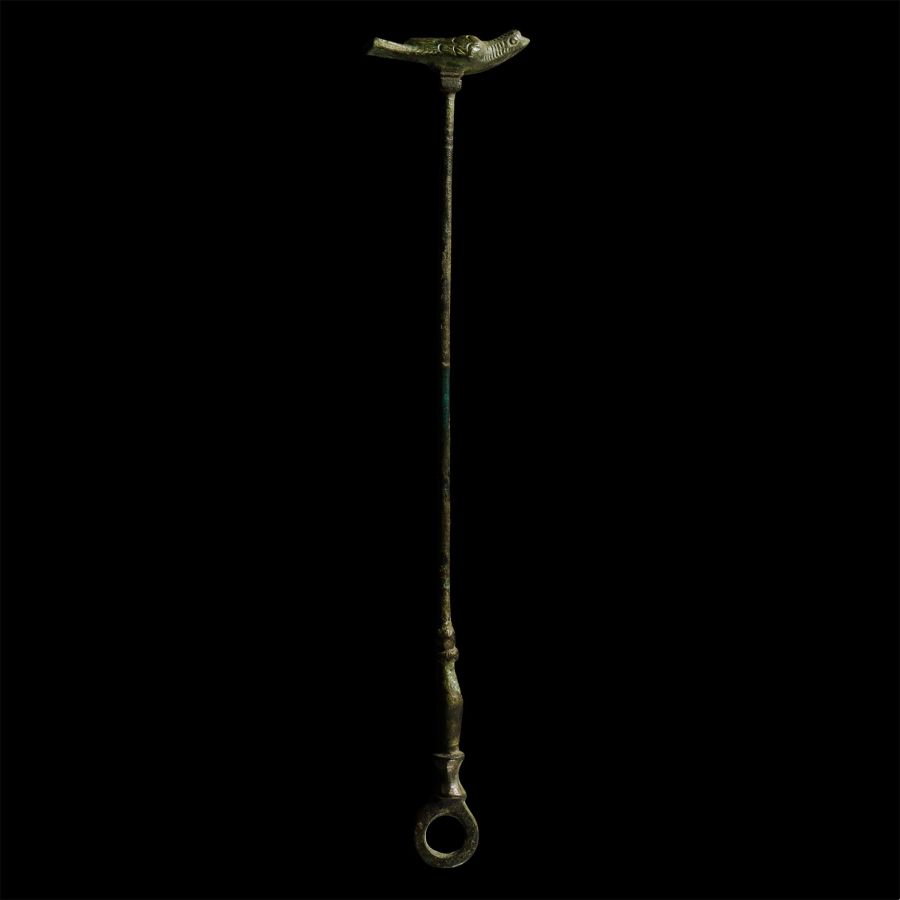 Roman Bronze Distaff with Bird Finial
