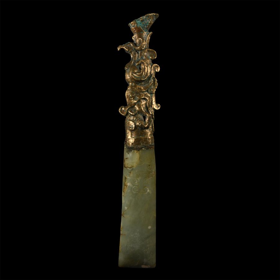 Chinese Serpentine and Gilt Bronze Ceremonial Adze