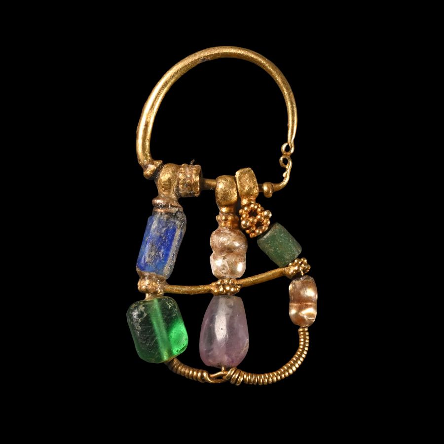 Greek Gold Earring with Gemstones