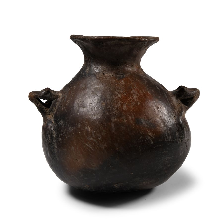 Pre-Columbian Peruvian Burnished Black Pot with Frogs