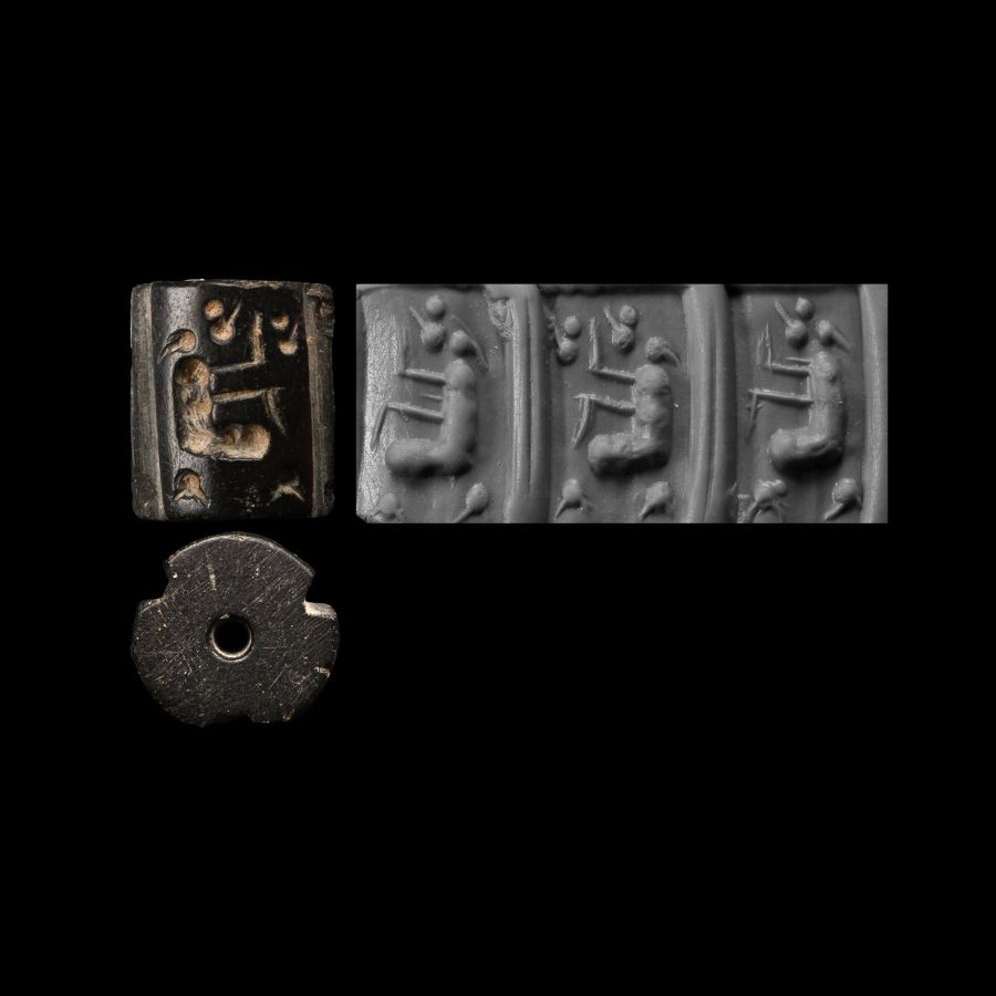 Uruk Black Stone Cylinder Seal with Seated Figure
