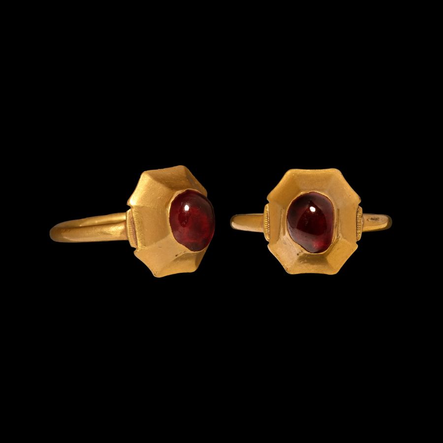 Large Medieval Gold Ring with Cabochon Garnet