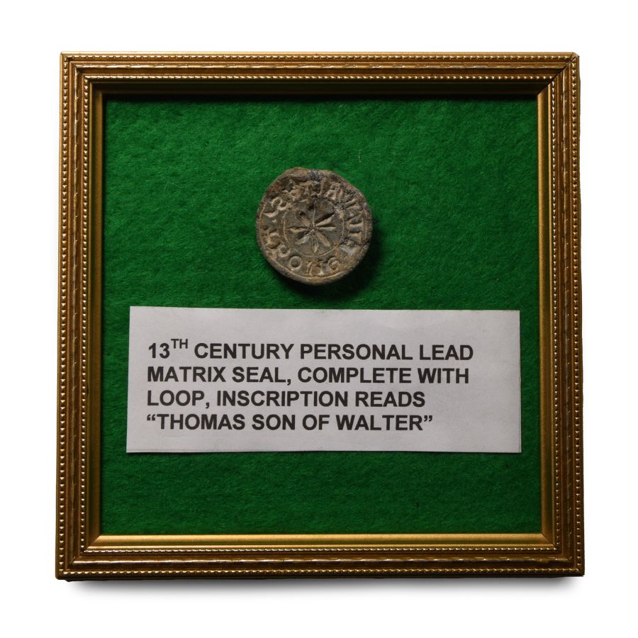Framed Medieval Lead Seal Matrix of Thomas Son of Walter