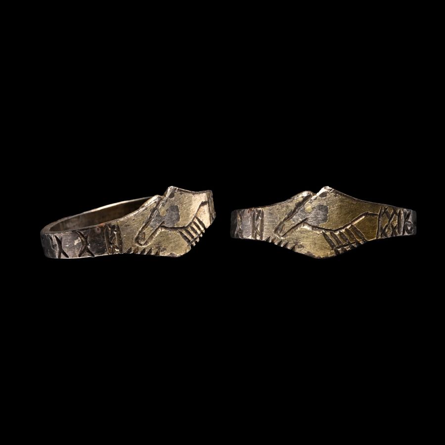 Large Medieval Silver Gilt Fede Ring with Magical Symbols