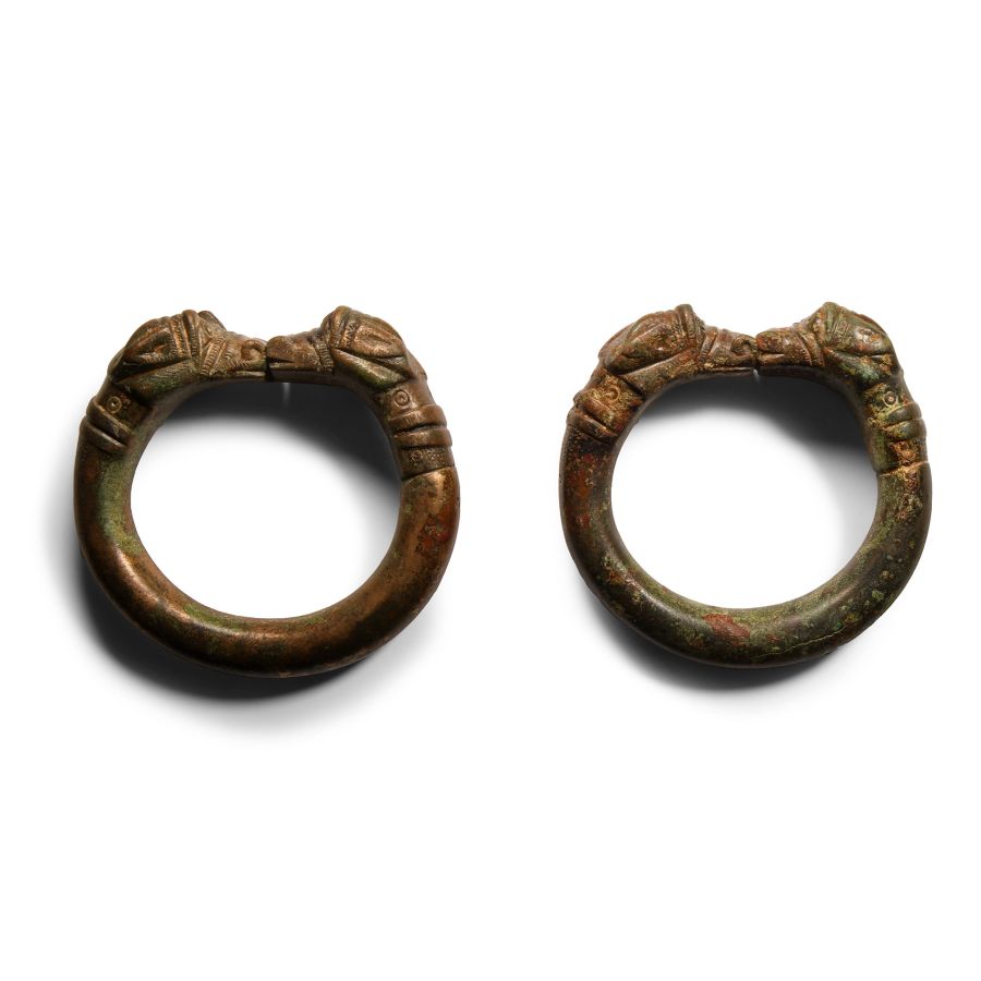 Large Luristan Bronze Armlet Pair with Animal Terminals