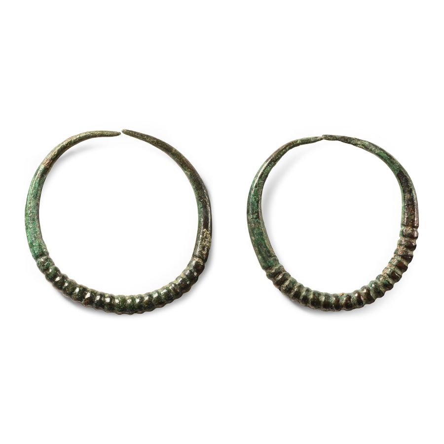 Western Asiatic Bronze Ribbed Earring Pair