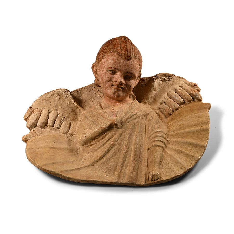 Post Medieval Painted Terracotta Cherub Applique