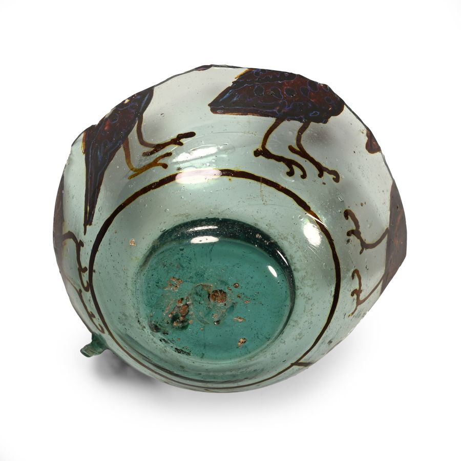 Western Asiatic Fatimid Painted Glass Bowl Fragment with Birds