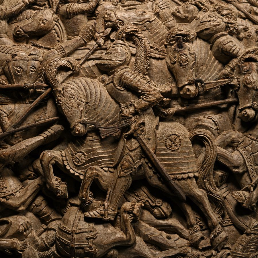 Post Medieval Walnut Relief Panel Depicting The Victory of Maximilian I and Henry VIII Over the French at The Battle of The Spurs