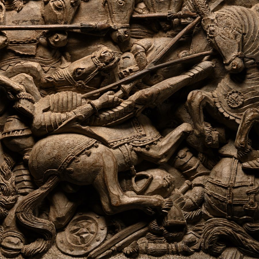Post Medieval Walnut Relief Panel Depicting The Victory of Maximilian I and Henry VIII Over the French at The Battle of The Spurs