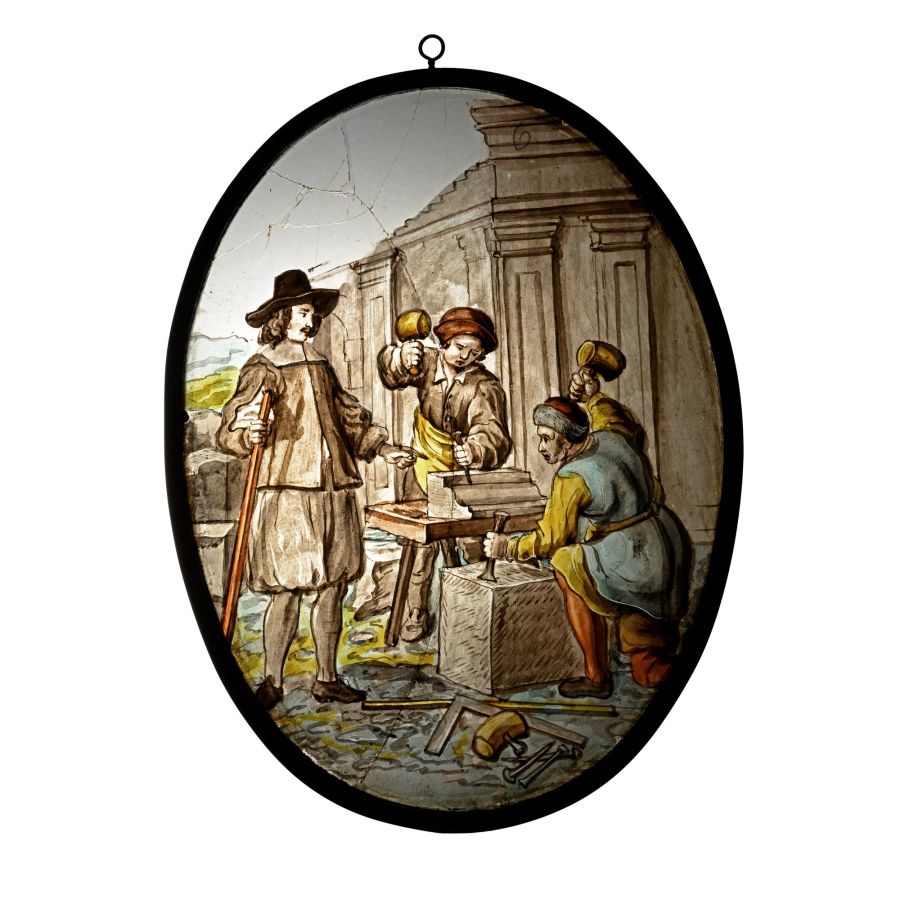 Stained Glass Panel of an Architect Inspecting the Work of Masons